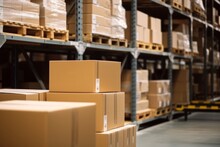 Cardboard Box Stack In Smart Warehouse Logistics., Generative AI.
