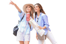 Photo Of Two Girls Enjoying Sightseeing On A Transparent Background. Beautiful Female Tourists Exploring City With Map.