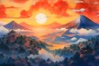Stunning mountain landscape with sunset painted in colorful ink washes, cartoonish style 