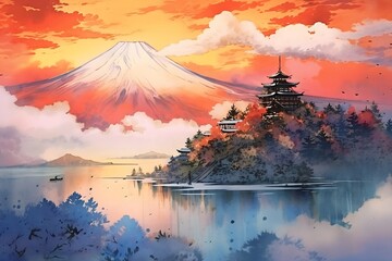 Stunning Fuji mountain landscape with sunset painted in colorful ink washes, cartoonish style 