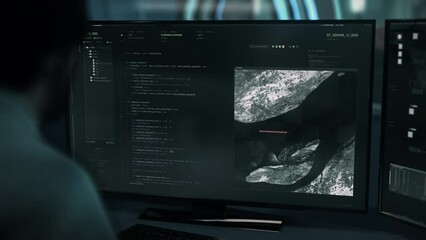 Programmer Tests Source Code Of Innovative Satellite Navigation Network Software. Computer Programmer Coding Digital Software. Software Code Accessed By Programmer. Electronic Tech. Web System