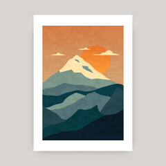 Wall Mural - abstract mountain landscape poster. contemporary nature sun print design, boho minimalist wall decor