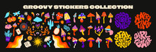 Retro 70s Hippie Stickers, Psychedelic Groovy Elements. Funky Cartoon Mushrooms, Cactus, Rainbow, Vintage Set Of Vector Elements In Vintage Style. Stickers Vinyl, Sun, Flowers