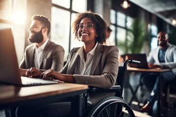 Happy black woman in a wheelchair working on computer in office and chatting with colleagues