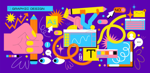 Wall Mural - cartoon retro 90s illustrator frame tabs. memphis, funk, groove. abstract geometric ui ux background
