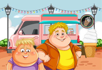 Wall Mural - Two Fat Men in Front of Food Truck