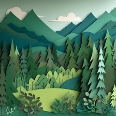 Wall Mural - forest and mountains, paper style Generative AI