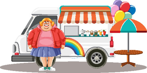 Wall Mural - Overweight people in frony of coffee truck