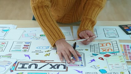 Team of Creative Web, Graphic Designer planning, drawing website ux ui app for mobile phone application and development template layout, process to developing prototype wireframe.