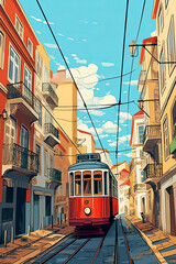 illustration inspired by postcards and posters from the 70s, Lisbon, typical street with a mythical red tram. Portugal. europe, background. travel. vacation. made with ai