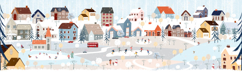 Wall Mural - Christmas background,Winter Landscape in Christmas eves at night in City,Vector cute cartoon Winter Wonderland in the town,People celebration in the park on New Year,Banner Design for Holiday season