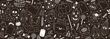 Seamless Vector Banner With Cute Outline Halloween Doodles. Pattern With Hand Drawn Magic Characters. Line Drawings Of Bat, Pumpkin, Ghost, Witch Hat, Cauldron, Skull. Background With Sketch Elements
