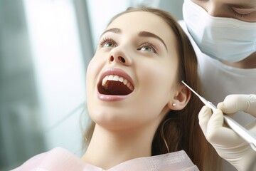 Wall Mural - Young woman is getting her teeth tested by dentist