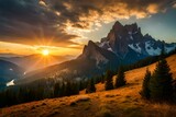 Fototapeta Niebo -  sunset in the mountains , autumn forest in the morning