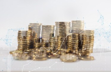 Financial stock market graph and rows of coins growth, abstract and symbol for finance concept, business investment and currency exchange