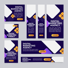 Wall Mural - Marketing agency exposition web banner design template. Vector flyer with text space. Advertising placard with customized copyspace. Printable poster for advertising. Arial font used