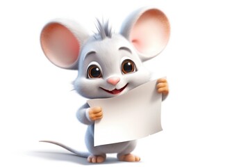 illustration cartoon, cute mouse holding a blank sign, ai generative