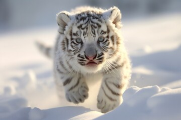 cartoon illustration, a cute tiger running in the snow, ai generative