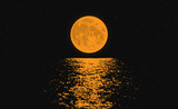 Fototapeta Las - Orange full moon on the night sea