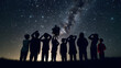 An image of a group of children from different ethnicities gathered around a telescope, observing the night sky.