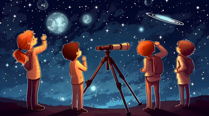 Wall Mural - an image of a group of children from different ethnicities gathered around a telescope, observing th