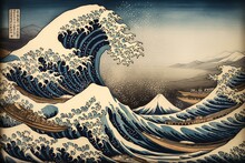 Digital Artwork By Hokusai Titled 'Offshore From Kanagawa' Depicting Mount Fuji In His Series 'Thirty-Six Views Of Mount Fuji'. Generative AI