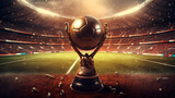 Fototapeta Sport - Football soccer ball and trophy cup on stadium. Generative AI