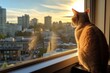An orange tabby cat overlooking a busy city