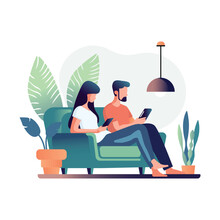 Man And Woman Sitting On A Sofa At Home, Using Mobile Device, Smart Phone