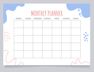 Wall Mural - Monthly planner worksheet design template. Blank printable goal setting sheet. Time management sample. Scheduling page for organizing personal tasks. Amatic SC Bold, Oxygen Regular fonts used