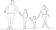 Single Continuous Line Drawing Child And Parents Walk Together. Global Day Parent Concept