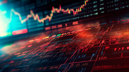 Financial graphs, glowing lines and diagram on digital screen. Trading market and economic concept. Financial crisis and inflation. Generative AI