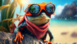 Cooler Frosch mit Sonnenbrille am Strand digital 3d für Vorlage Motiv Hintergrund Grußkarte Reiseveranstalter, Generative AI 
