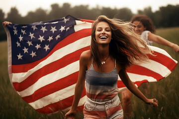 woman with american flag having fun at independence day party. fourth of july celebrations at united states of america