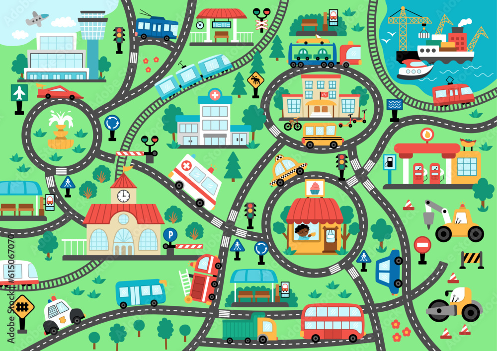 City transport map. Background with railway, roads, traffic signs for kids. Vector infographic elements with train, cars, tram, truck. Urban plan with airport, seaport, bus stops, gas station, cafe