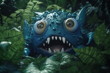 Adorable Extraterrestrial Concealing In Foliage, White Backdrop. Animated Infantile Being With Fangs, Feelers. Blue Charming Creature And Golden Stomach. Mischievous 3D Voyager. Generative AI