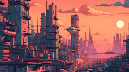 Wall Mural - Cartoon Metropolis of the Future. Generative AI