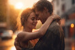 © Kalim - Image of romantic couple hugging in the rain