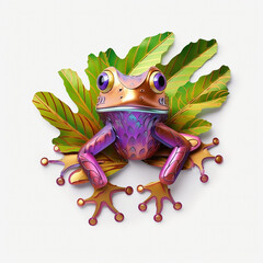 Textured, irridescent frog in green and purple metal in the style of salvagepunk against a white background.  Generative AI.