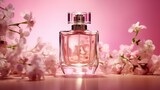 Fototapeta Miasto - Product shoot, advertising blockbuster, a bottle of perfume made of transparent glass, pink tones, against the background of pink flowers, natural light, transparent,