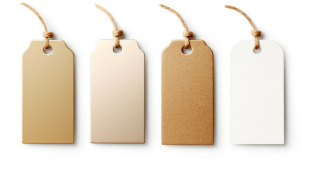 Set of four elegant blank hangtags in beige tones isolated on a white background with copyspace