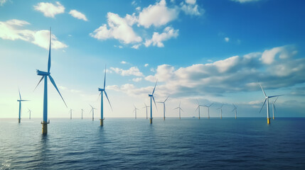 Offshore wind power farm with many wind turbines in the open sea