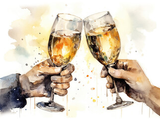 Two people toasting with champagne, watercolor illustration. Generative AI.