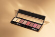 Make-up palette a beige background. Professional multicolor eye shadow makeup palette. Cosmetic products. Classic nude shades. Minimal composition. 