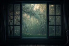 Imaginary Scene Through Window With Enchanted Woodland. Generative AI