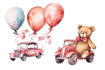 Sticker - set of Valentine teddy bear in car and hot air balloon painted in watercolor on a white isolated background. Generative AI