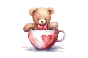 Sticker - set of Valentine teddy bear in cup painted in watercolor on a white isolated background. Generative AI