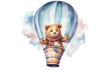 Sticker - Cute bear in hot air balloon. Great for card and greetings painted in watercolor on a white isolated background. Generative AI