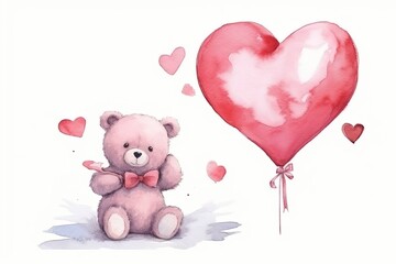 Sticker - set of Heart shape frame with Valentine bear painted in watercolor on a white isolated background. Generative AI