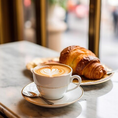 cup of coffee with croissant